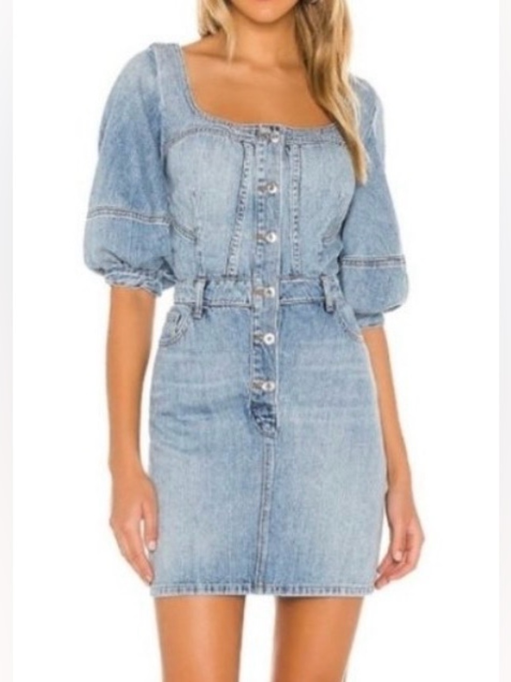 Jonathan Simkhai Standard Poppy Puff Sleeve Designer Denim Mini Dress Sz 10 EUC